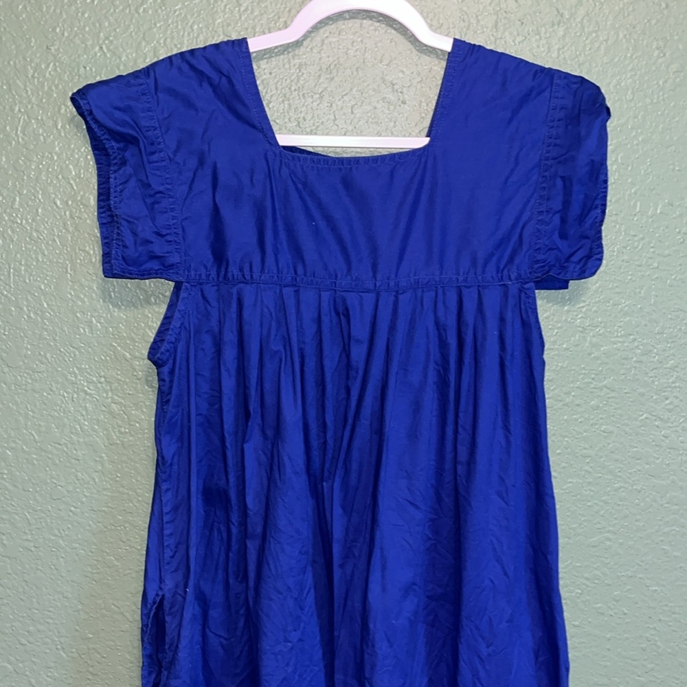 Vintage Blue Floral Embroidered Dress Mumu Hawaiian Tropical Flowers Hibiscus - Picture 5 of 8